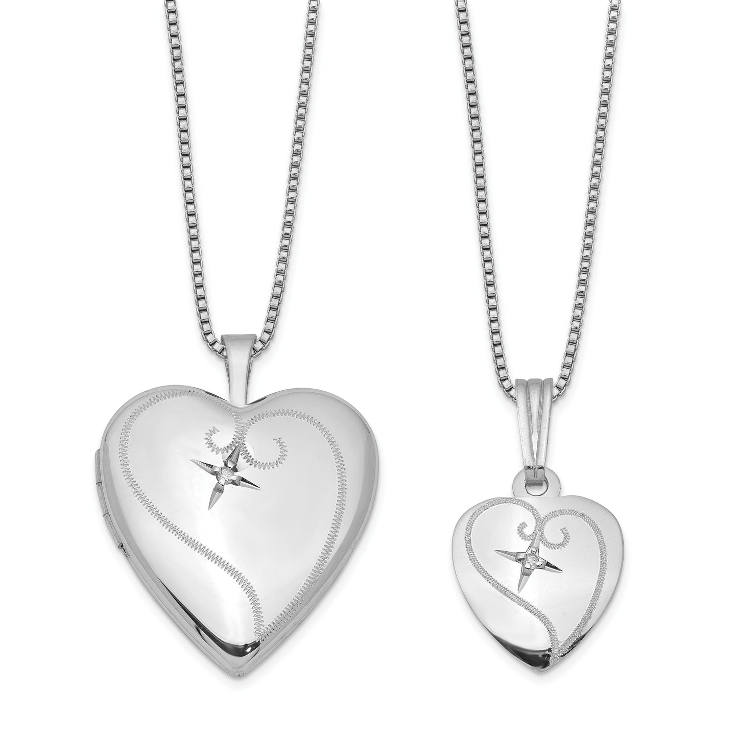 Sterling Silver Rhodium-Plated Polished Diamond Heart 18In Locket Necklace And 14In Pendant Set