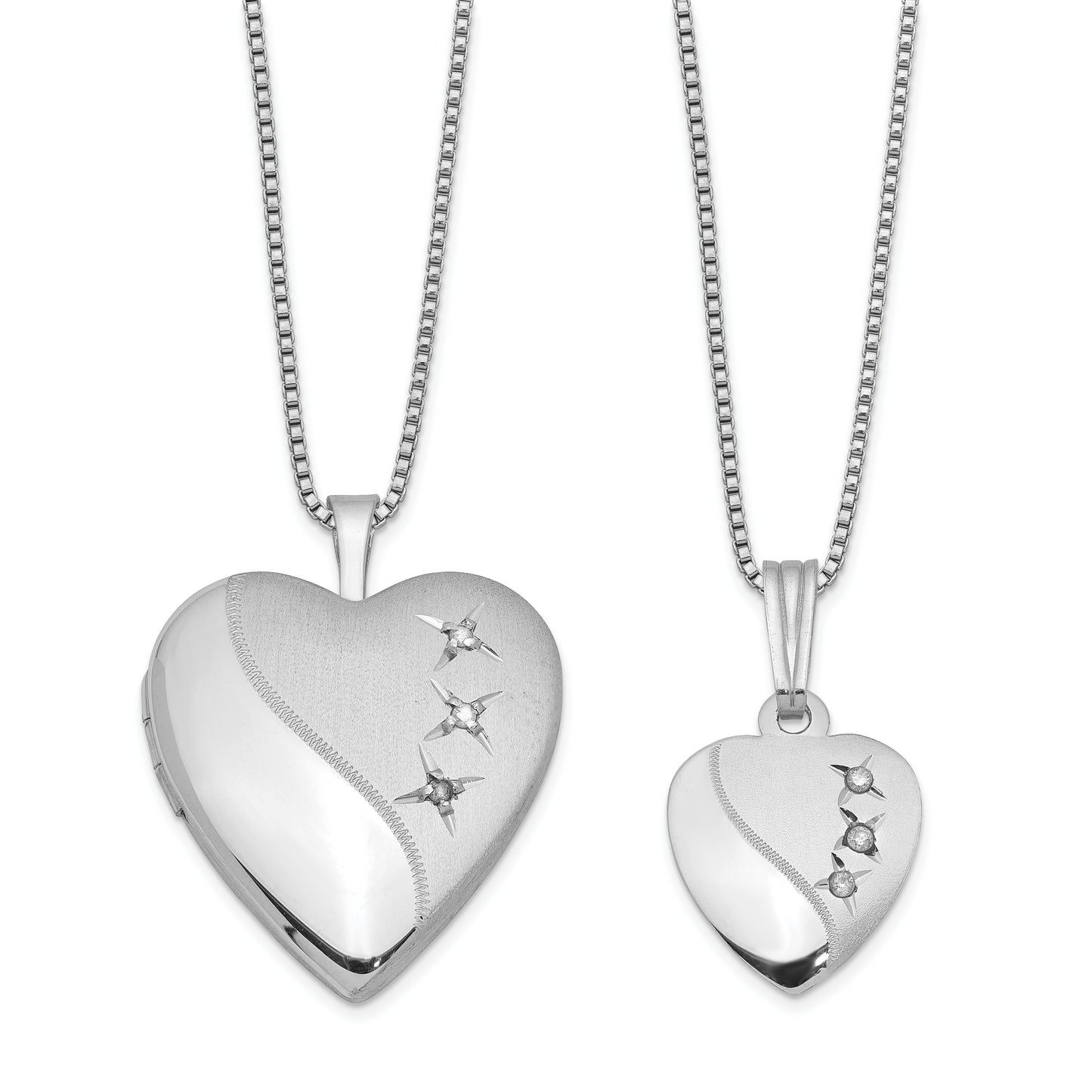 Sterling Silver Rhodium-Plated Diamond Polished & Satin Heart 18In Locket Necklace 14In Pendant Set