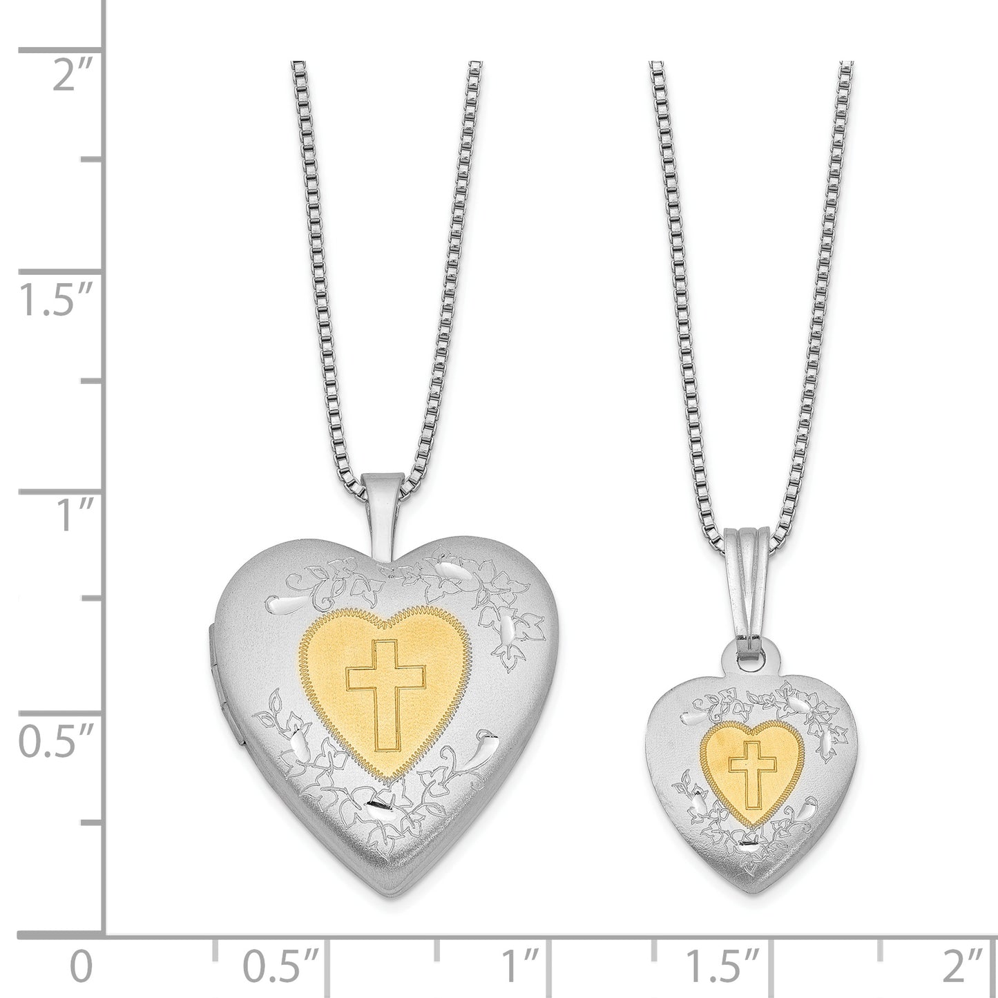 Sterling Silver Rhodium & Gold-Plated Polished Satin Diamond Mom Locket 18In Necklace/ Daughter Pendant 14In Cross Heart Necklace Set