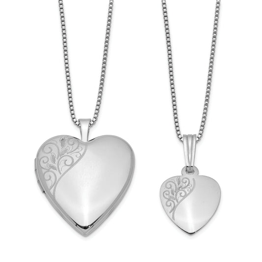 Sterling Silver Rhodium-Plated Polished Swirl Design Mother/Daughter Locket/Pendant Necklace Set