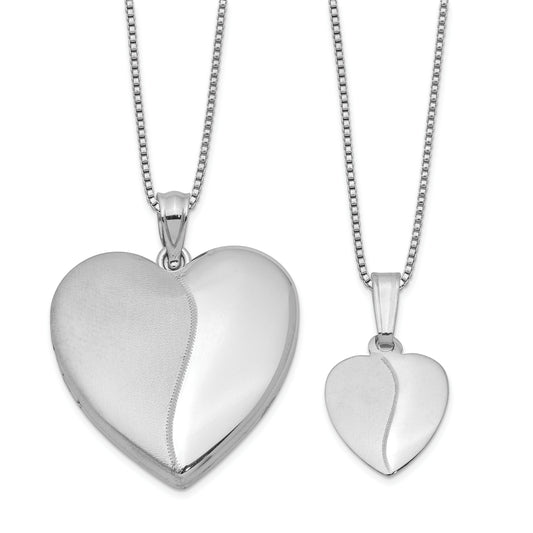 Sterling Silver Rh-Plated Pol & Satin Heart Locket Pendant Necklace Set