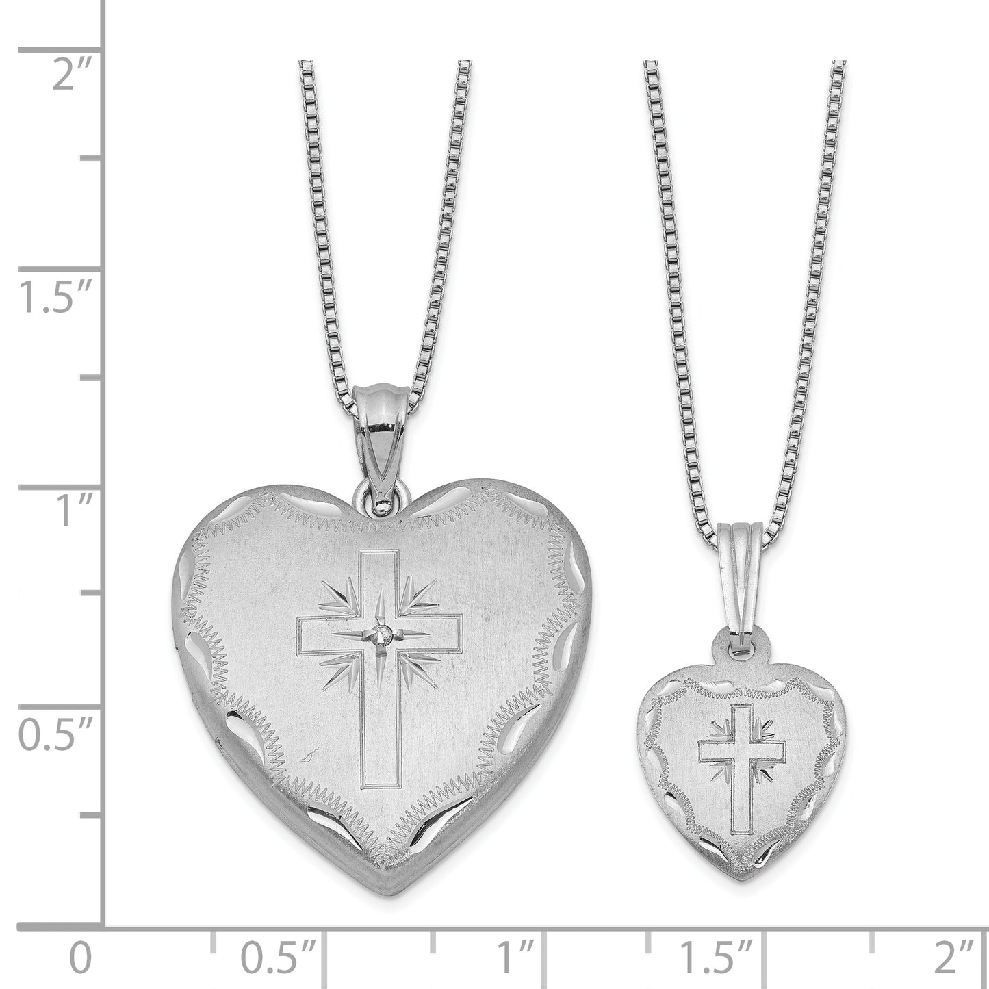 Sterling Silver Rhodium-Plated Satin D/C 18In Diamond Cross Heart Locket Necklace & 14In Pendant Set