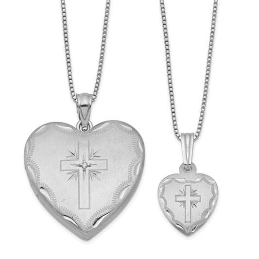 Sterling Silver Rhodium-Plated Satin D/C 18In Diamond Cross Heart Locket Necklace & 14In Pendant Set