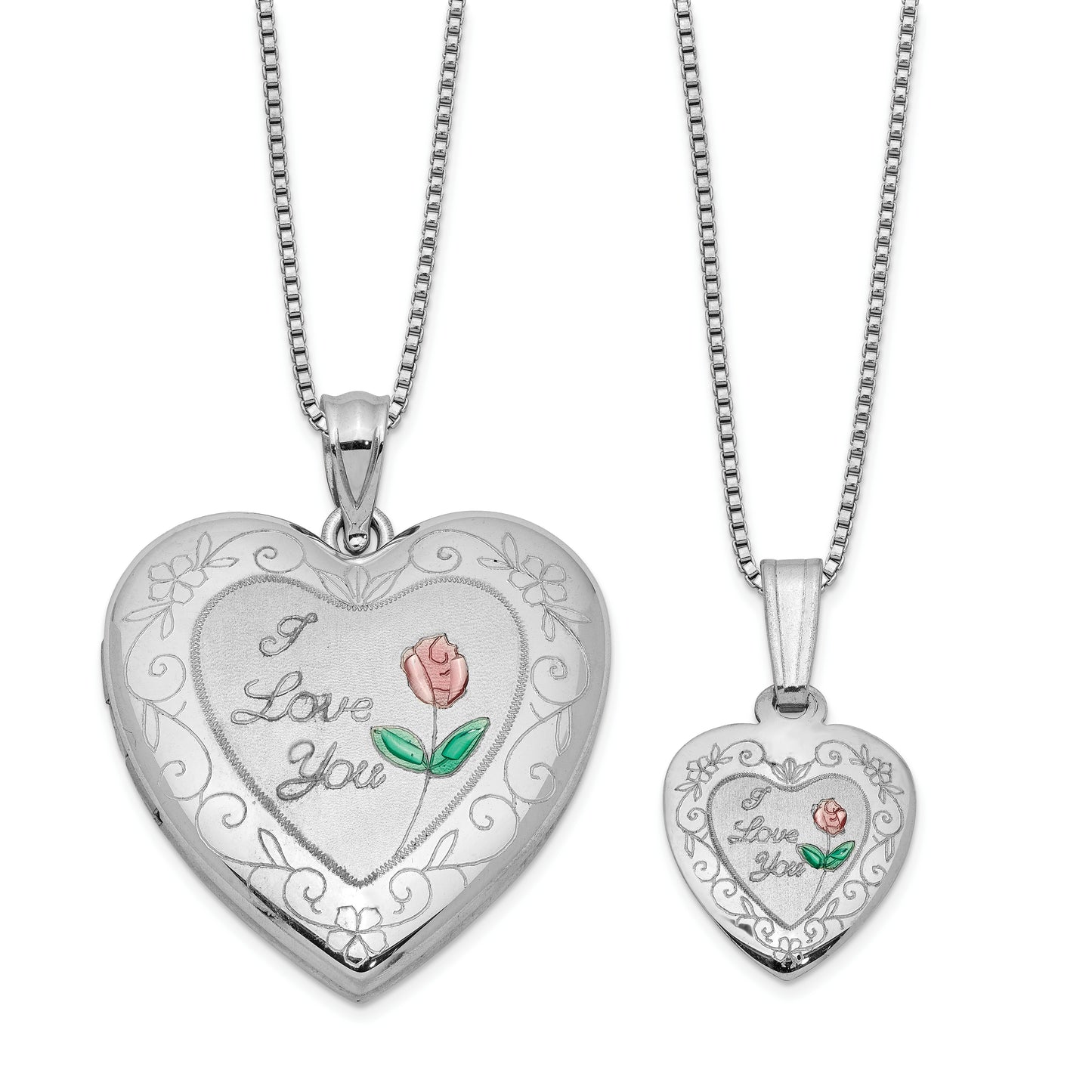 Sterling Silver Rhodium-Plated Enameled Polished/Satin Rose I Love You Heart Mom 18In Locket & Daughter 14In Pendant Necklace Set