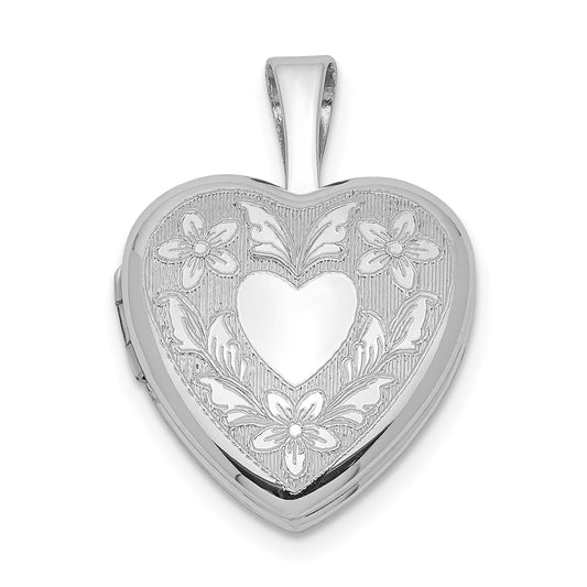 Sterling Silver Rhodium-Plated Floral Heart Wings 12mm Locket