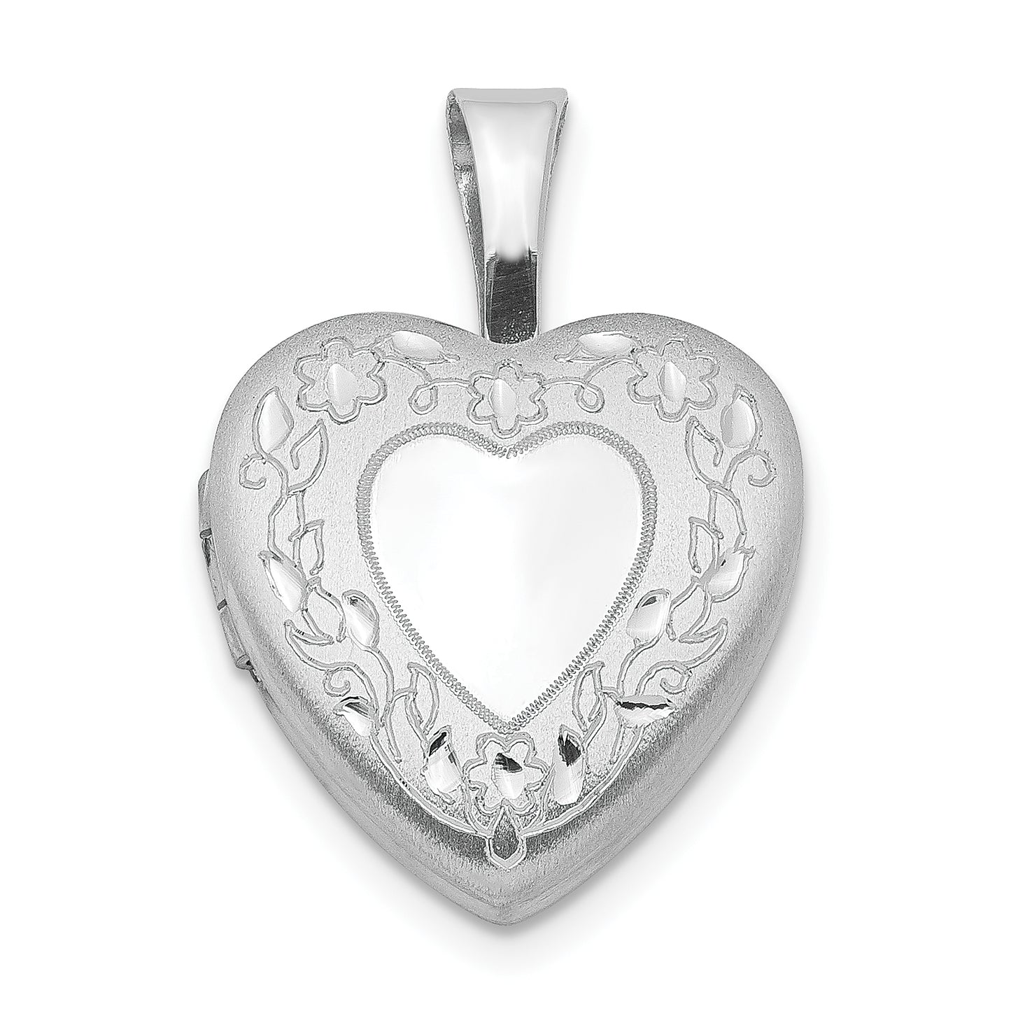 Sterling Silver Rhodium-Plated Flower Border 12mm Heart Locket