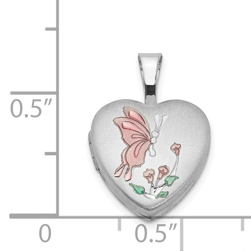 Sterling Silver Rhodium-Plated Enamel Butterfly Flowers 12mm Heart Locket