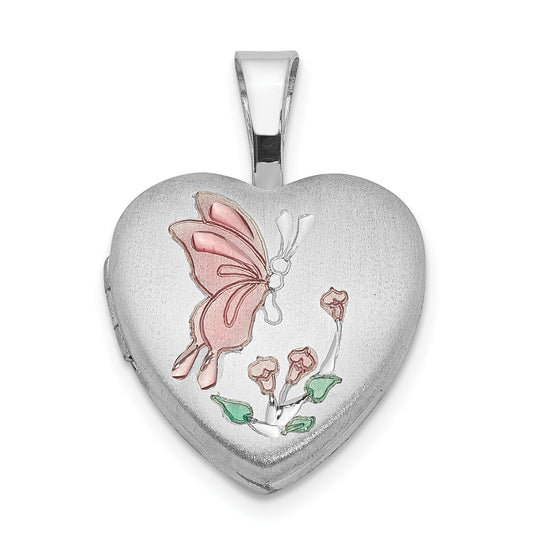 Sterling Silver Rhodium-Plated Enamel Butterfly Flowers 12mm Heart Locket