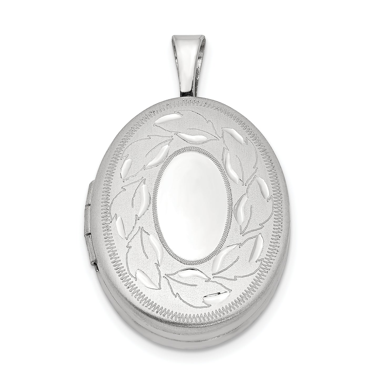 Sterling Silver Rhod-Plated Polished & Satin Leaf Border 19mm Oval Locket