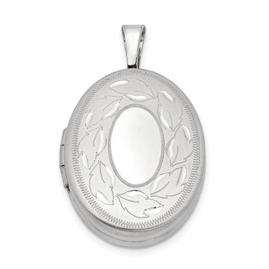 Sterling Silver Rhod-Plated Polished & Satin Leaf Border 19mm Oval Locket