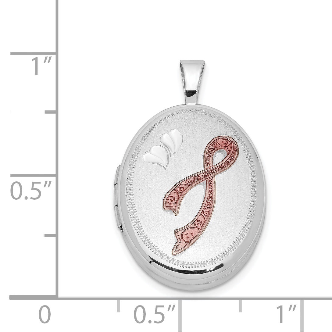 Sterling Silver Rhodium-Plated Enameled Pink Ribbon 19mm Oval Locket