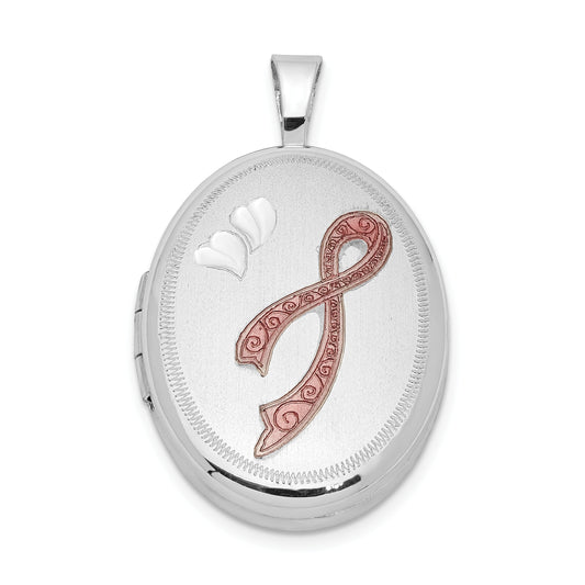 Sterling Silver Rhodium-Plated Enameled Pink Ribbon 19mm Oval Locket