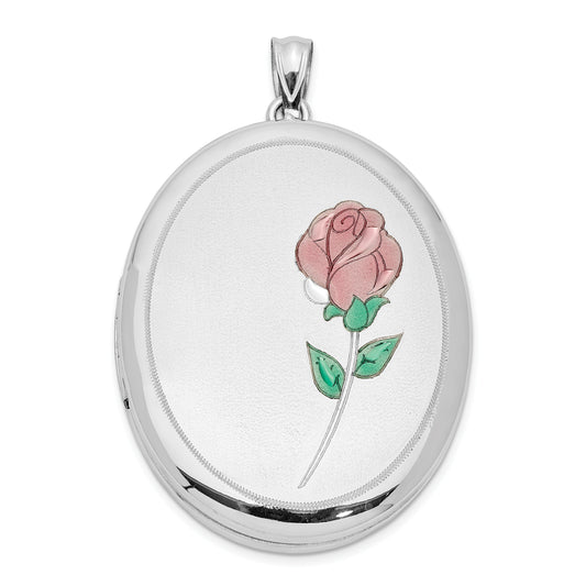 Sterling Silver Rhod-Plated Satin & Polished Enamel Rose 34mm Oval Locket