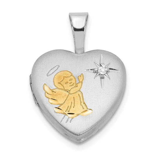 Sterling Silver Rhodium & Gold-Plated Diamond Angel 12mm Heart Locket