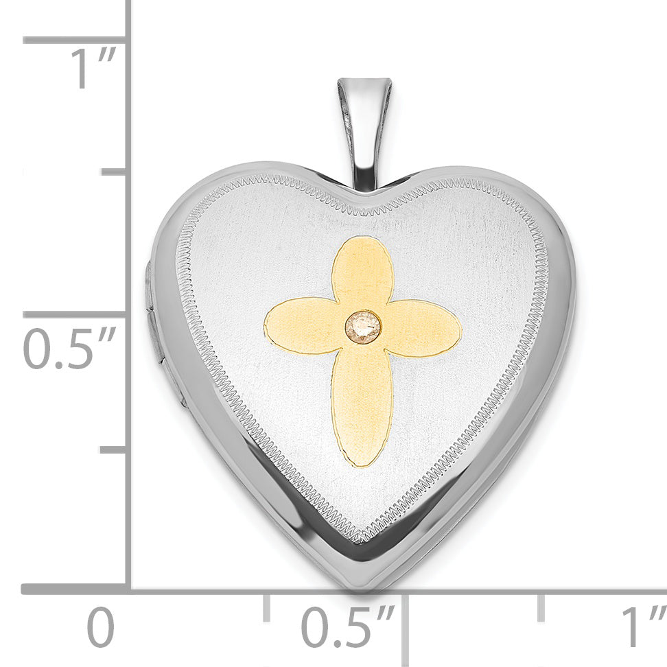 Sterling Silver Gold-Plated Diamond Cross 20mm Heart Locket