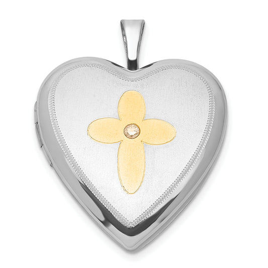 Sterling Silver Gold-Plated Diamond Cross 20mm Heart Locket