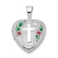 Sterling Silver Rhodium-Plated Cross W/ Enamel Flowers 12mm Heart Locket