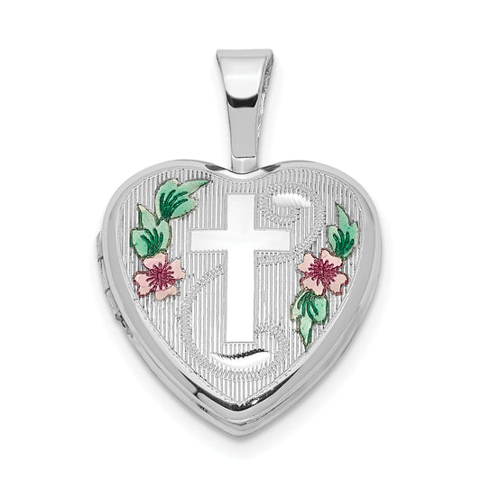 Sterling Silver Rhodium-Plated Cross W/ Enamel Flowers 12mm Heart Locket