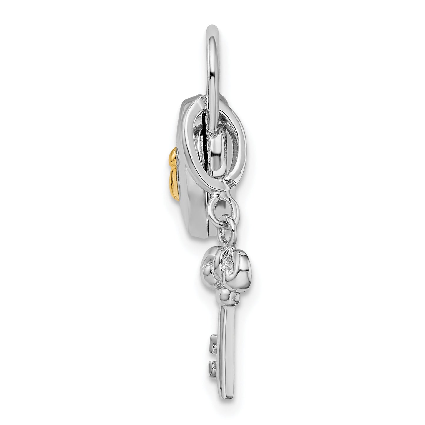 Sterling Silver Rhod & Gold-Plated 10mm Heart Lock Key Hinge Locket Charm