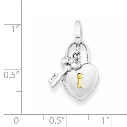 Sterling Silver Rhod & Gold-Plated 10mm Heart Lock Key Hinge Locket Charm