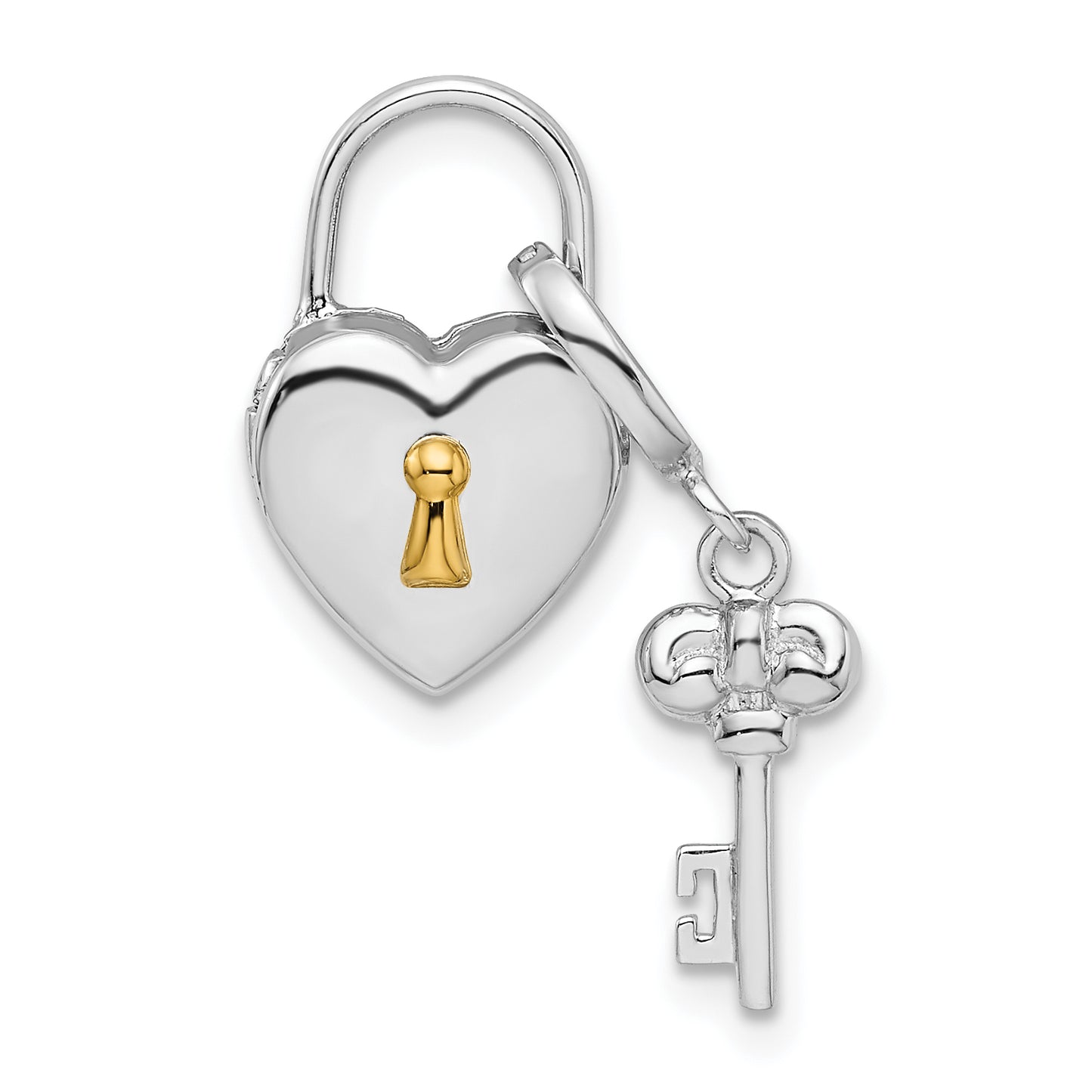 Sterling Silver Rhod & Gold-Plated 10mm Heart Lock Key Hinge Locket Charm