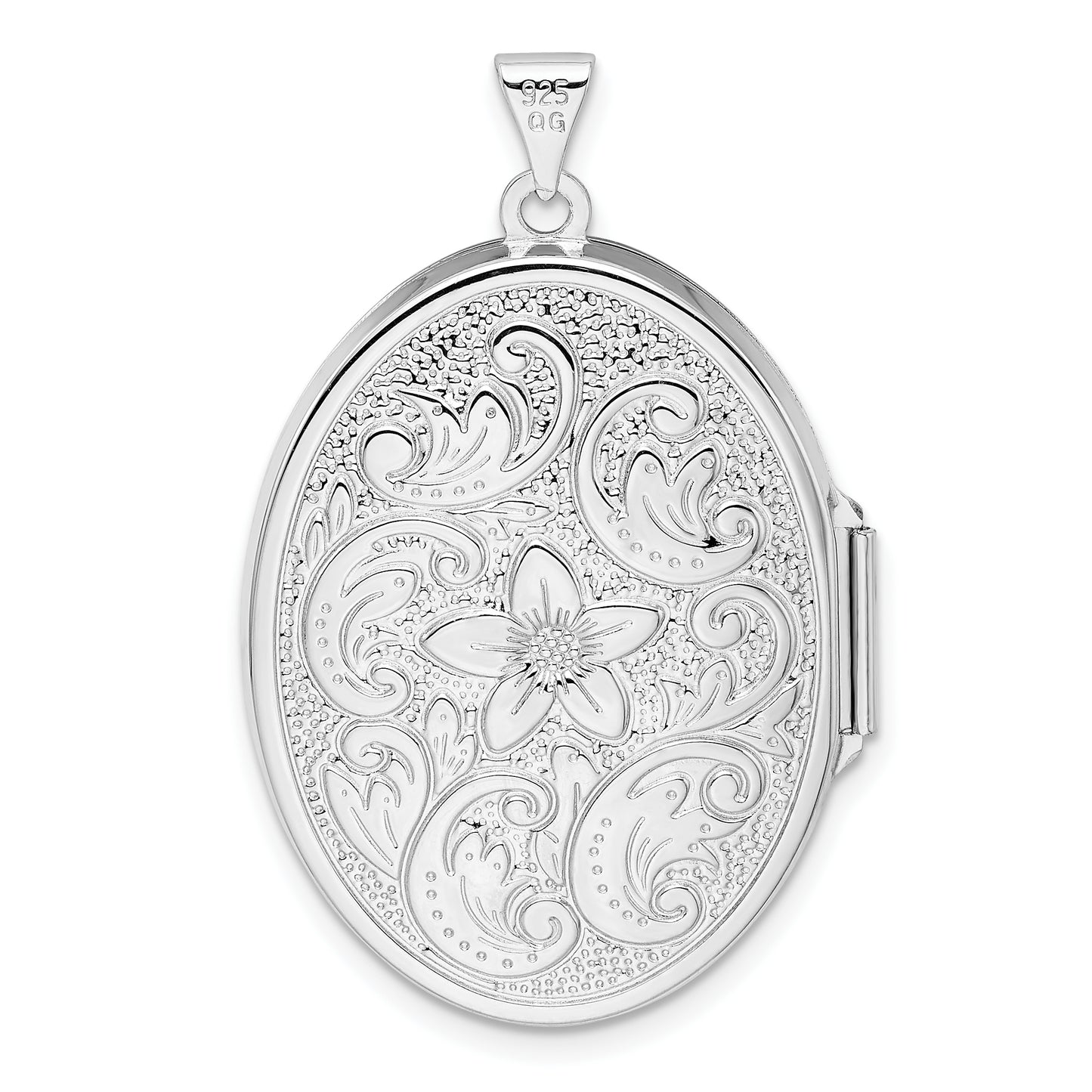 Sterling Silver Rhodium-Plated Reversible Floral Swirl Oval Locket