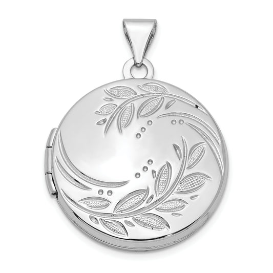 Sterling Silver Rhodium-Plated 20mm Round Leaf Floral Locket