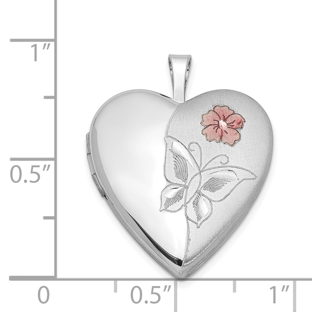 Sterling Silver Rhodium-Plated Enameled Flower Butterfly Heart Locket