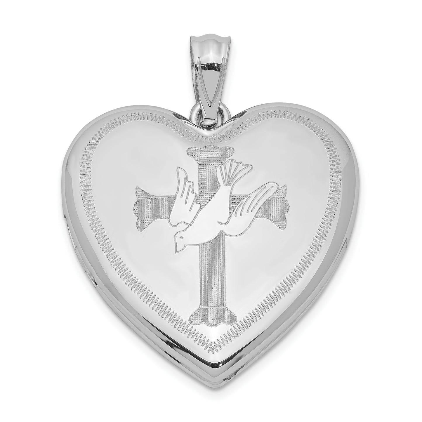 Sterling Silver Rhodium-Plated Dove With Cross Heart Locket