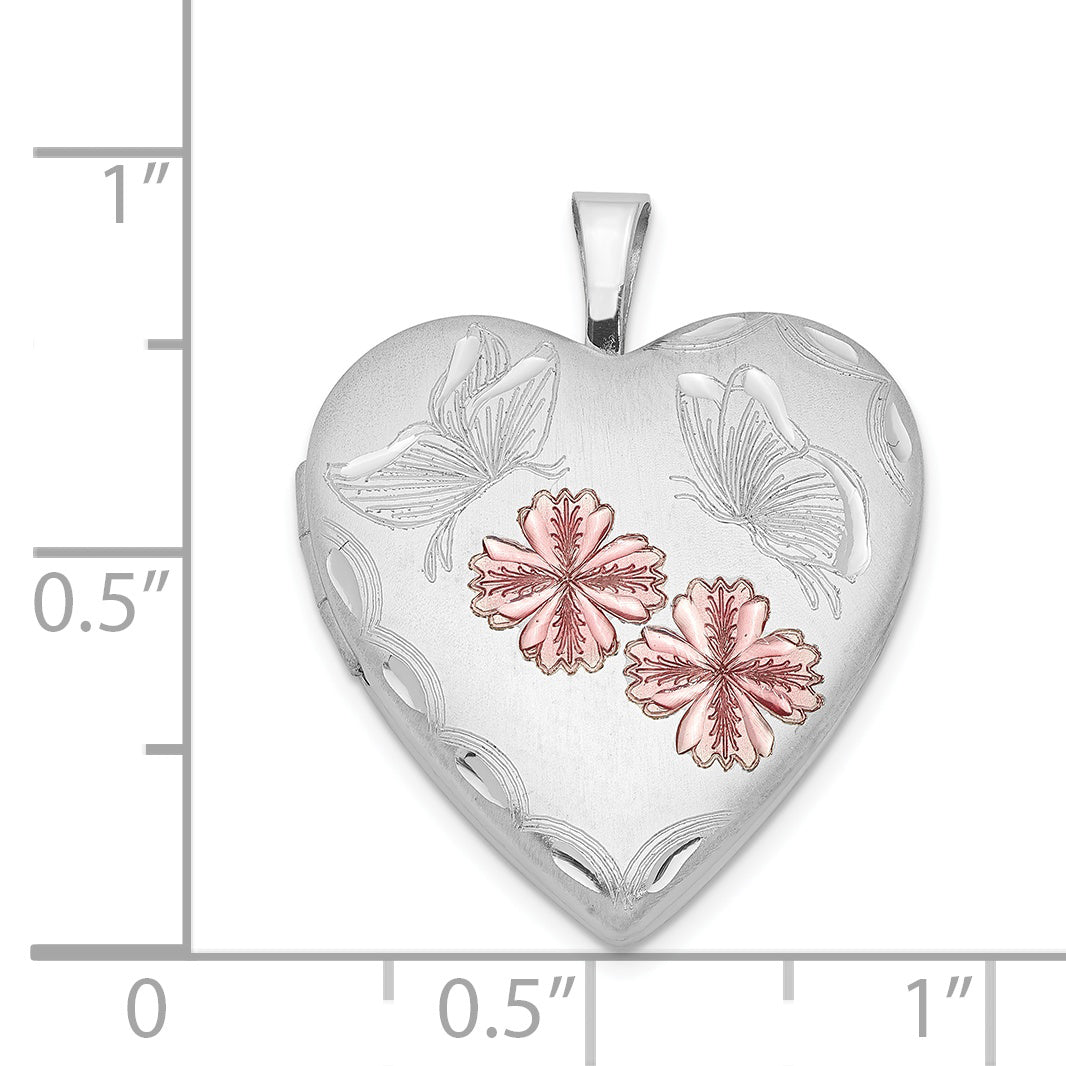 Sterling Silver Rhodium-Plated Enameled Flowers & Butterfly Heart Locket