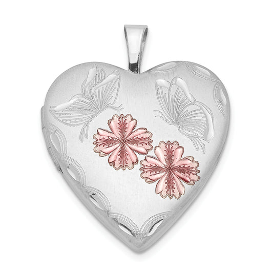 Sterling Silver Rhodium-Plated Enameled Flowers & Butterfly Heart Locket