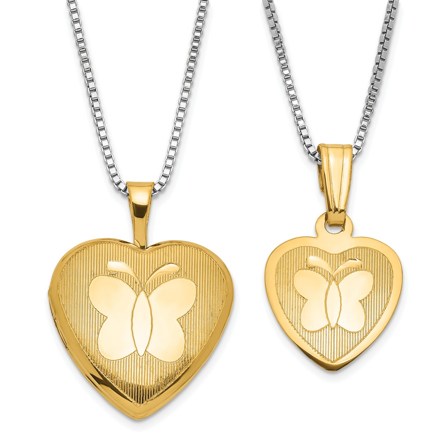 Sterling Silver Gold-Plated Textured Butterfly Heart 16mm 18In Locket & 14In Pendant Necklace Set