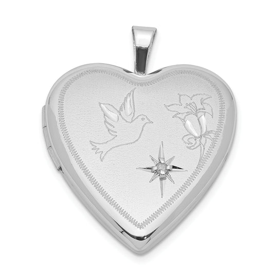 Sterling Silver Rhodium-Plated Diamond D/C Dove & Flower Heart Locket