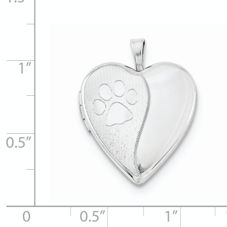 Sterling Silver Rhodium-Plated Satin & Polished Paw Prints Heart Locket