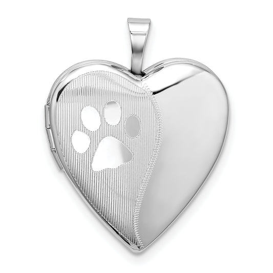 Sterling Silver Rhodium-Plated Satin & Polished Paw Prints Heart Locket