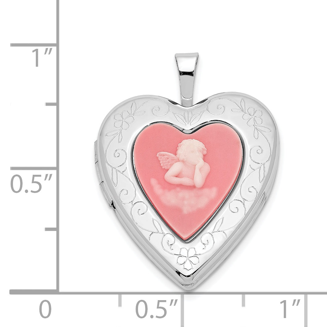 Sterling Silver Rhodium-Plated 20mm Pink Agate Angel Cameo Locket