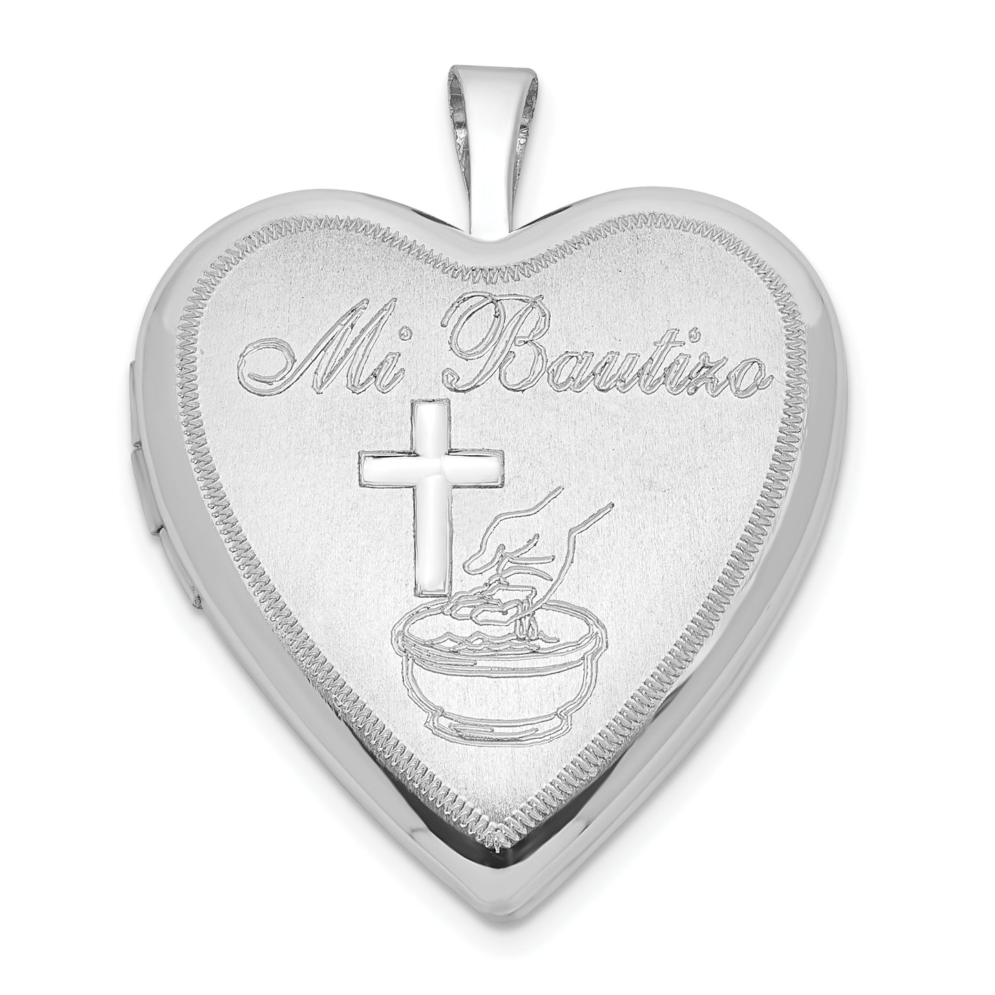 Sterling Silver Satin & Polished Mi Bautizo Heart Locket