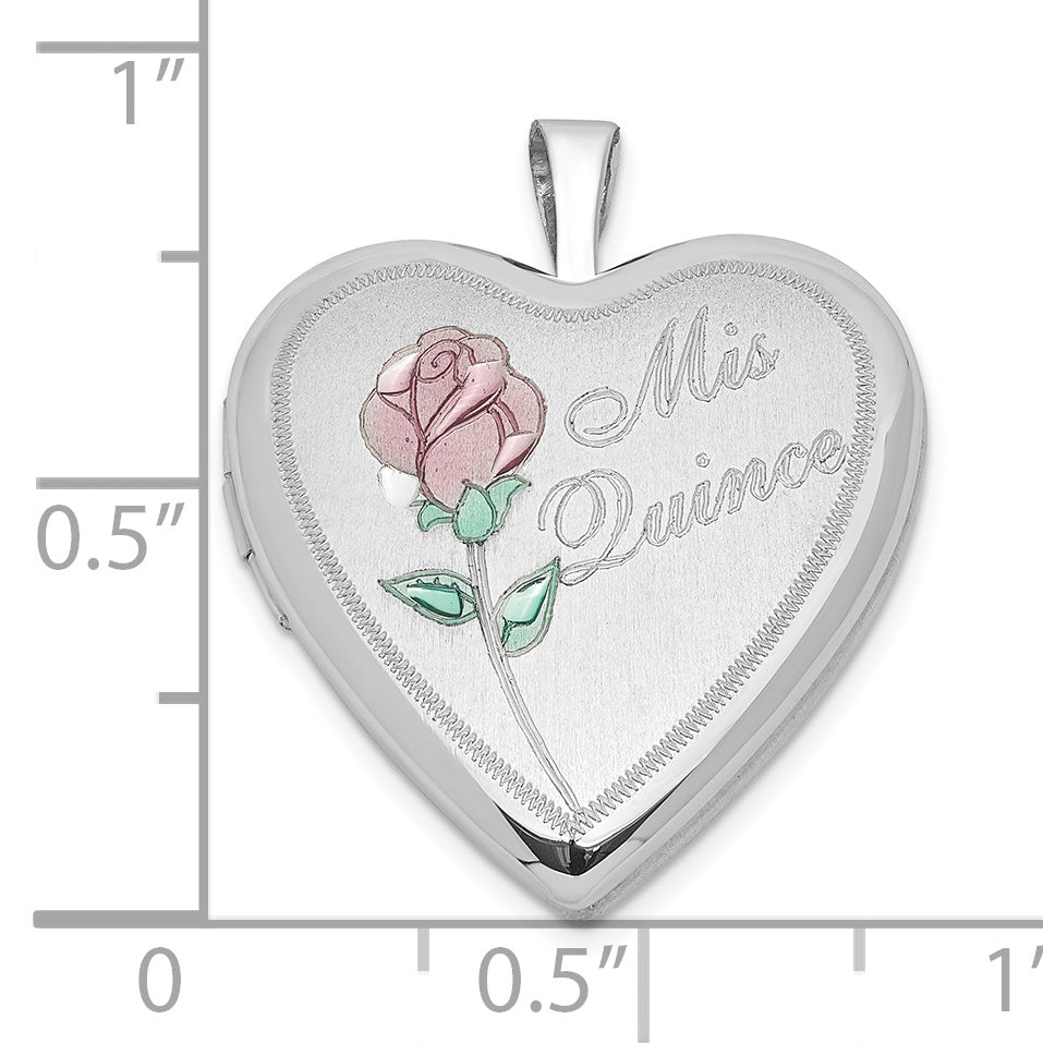 Sterling Silver Polished & Satin 20mm Enameled Rose Mis Quince Heart Locket