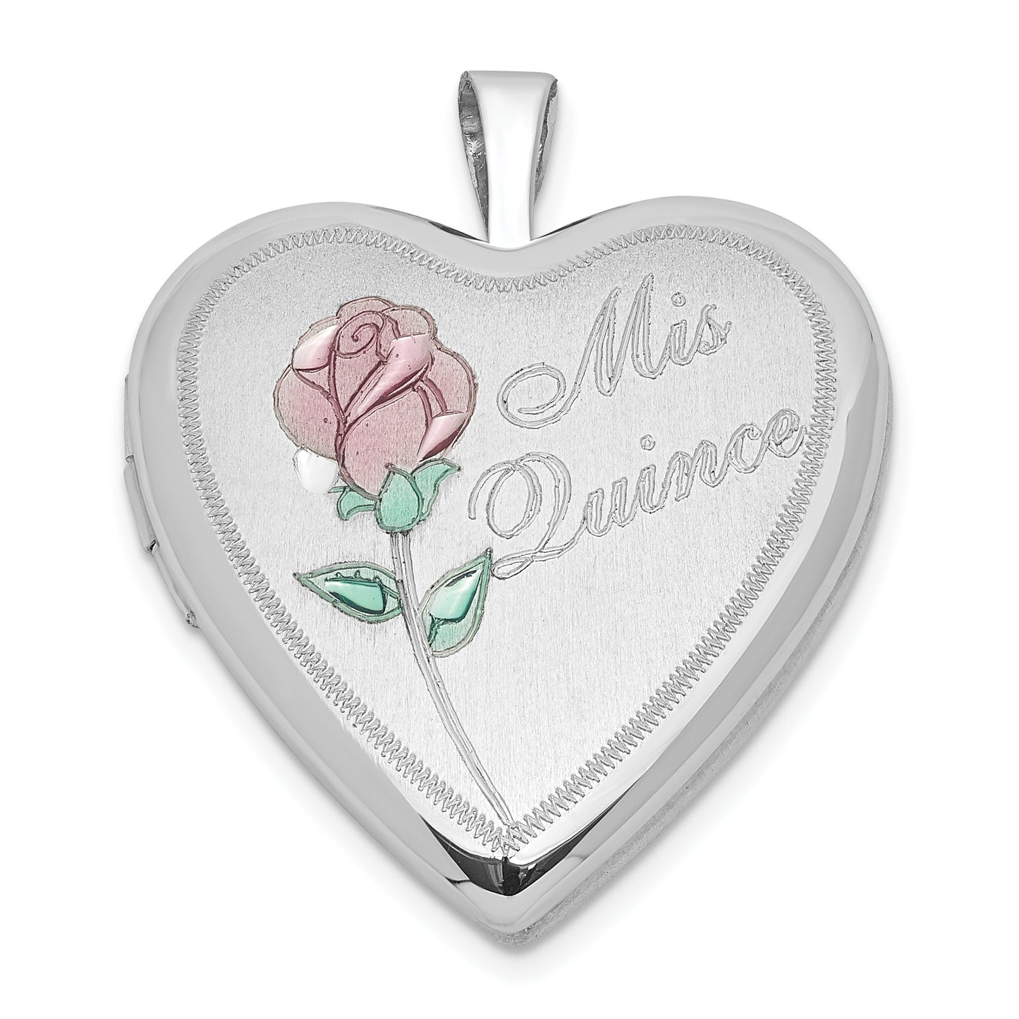 Sterling Silver Polished & Satin 20mm Enameled Rose Mis Quince Heart Locket