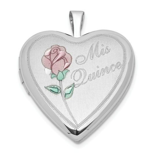 Sterling Silver Polished & Satin 20mm Enameled Rose Mis Quince Heart Locket