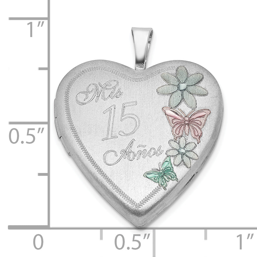 Sterling Silver Satin Enameled Mis 15 Anos Butterfly Heart Locket