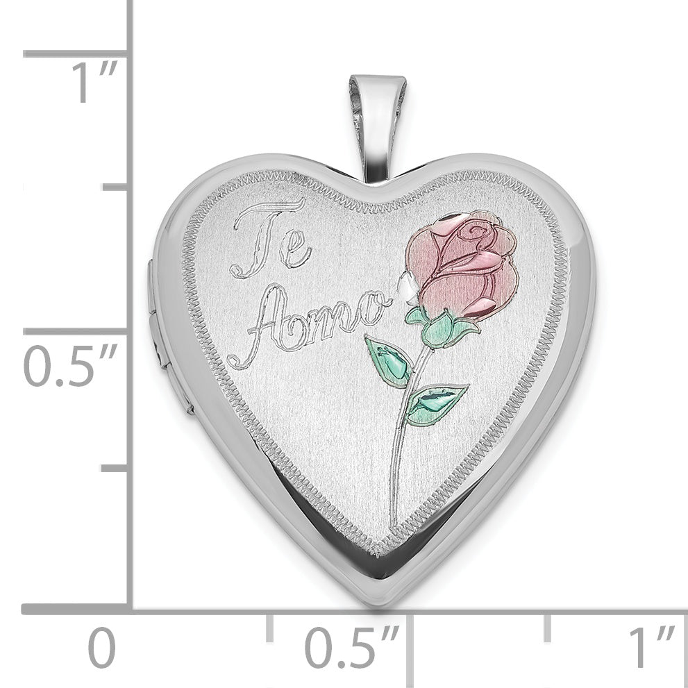 Sterling Silver Polished & Satin 20mm Enameled Rose Te Amo Heart Locket