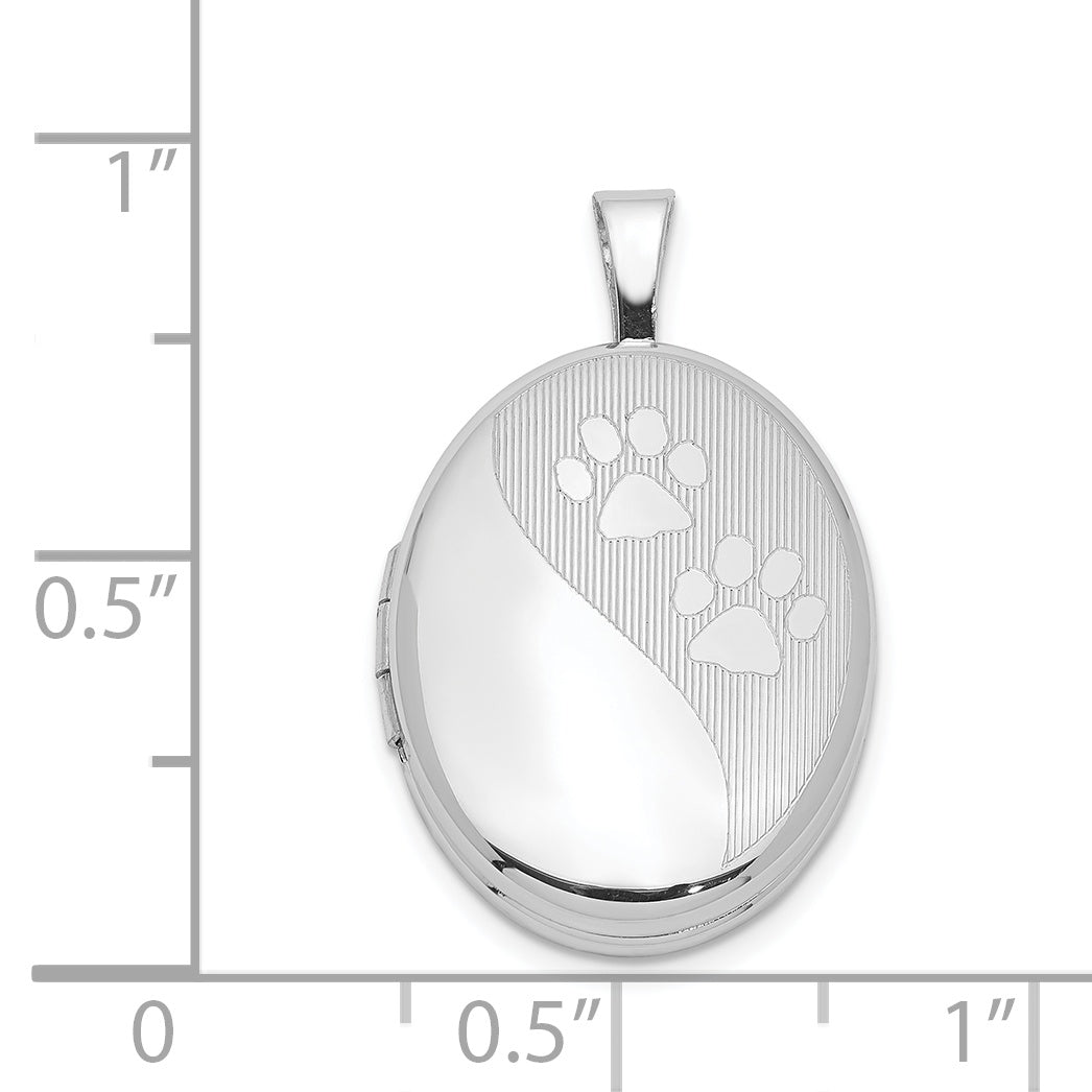 Sterling Silver Rhodium-Plated Satin & Polished Paw Prints 19mm Oval Locket