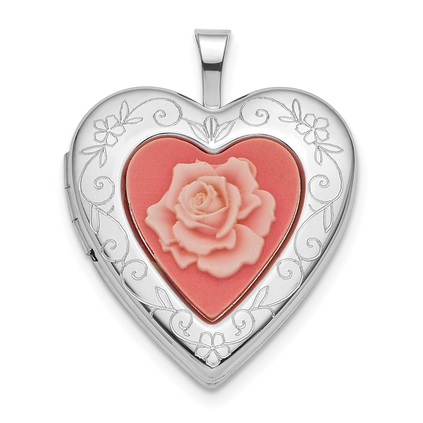 Sterling Silver Rhod-Pltd 20mm Pink Resin Rose Cameo Heart Locket