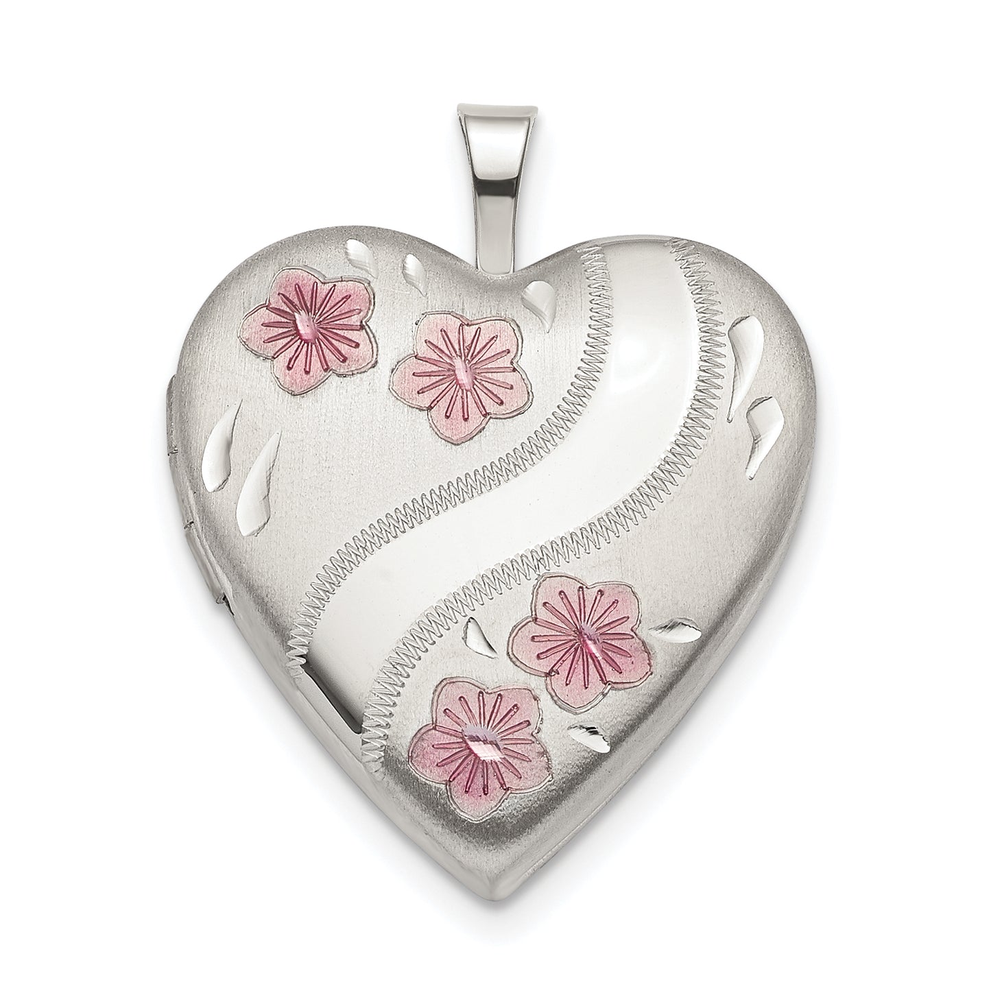 Sterling Silver Rhodium-Plated 20mm Pink Enamel Flower Heart Locket