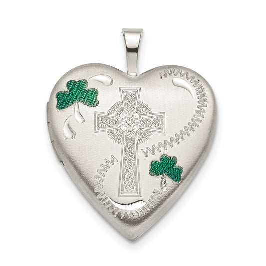 Sterling Silver Rhod-Pltd 20mm Green Enamel Clover/Cross Heart Locket