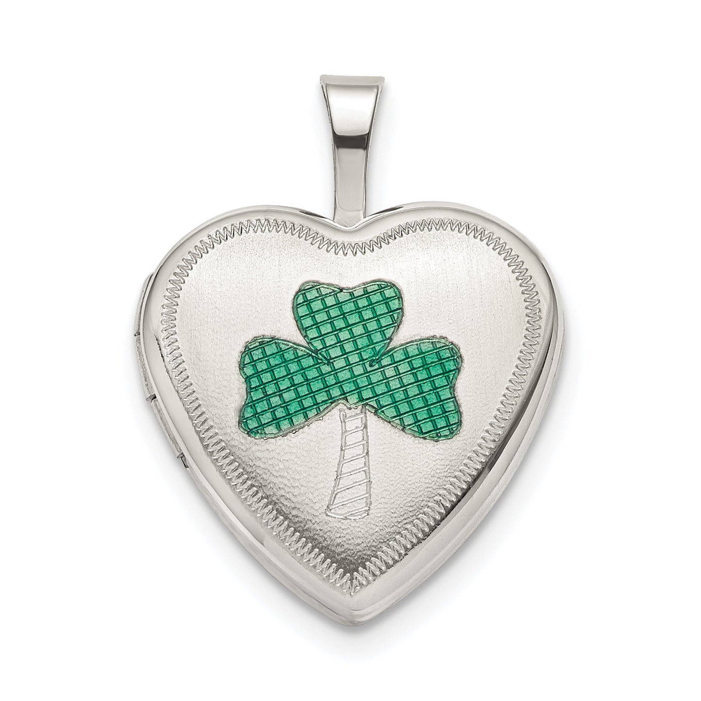 Sterling Silver 16mm Green Enamel Clover Heart Locket