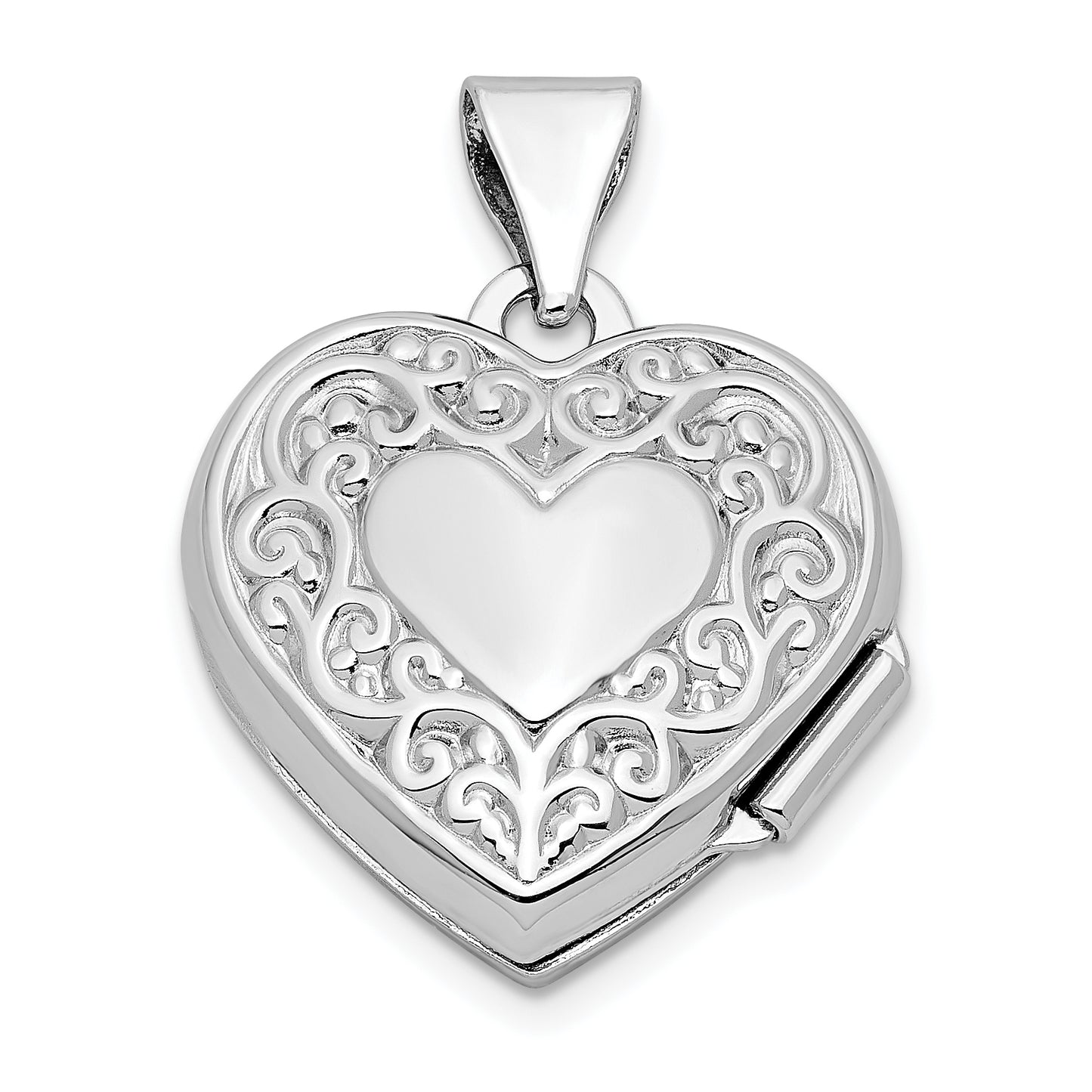 Sterling Silver Rhod-Plated Scroll Border Reversible 15mm Heart Locket