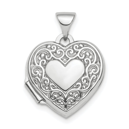 Sterling Silver Rhod-Plated Scroll Border Reversible 15mm Heart Locket