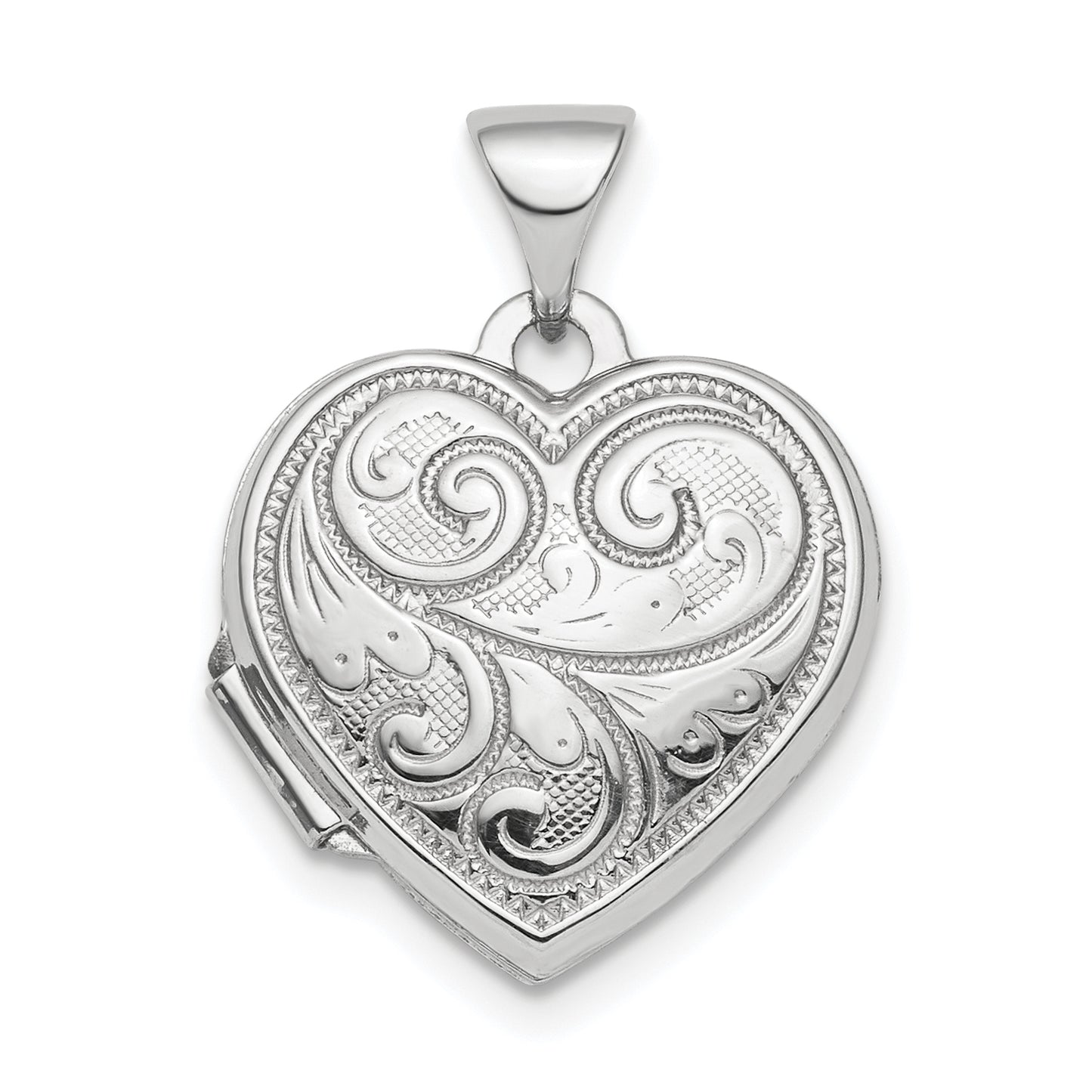 Sterling Silver Rhodium-Plated Polished 15mm Heart Patterned Locket